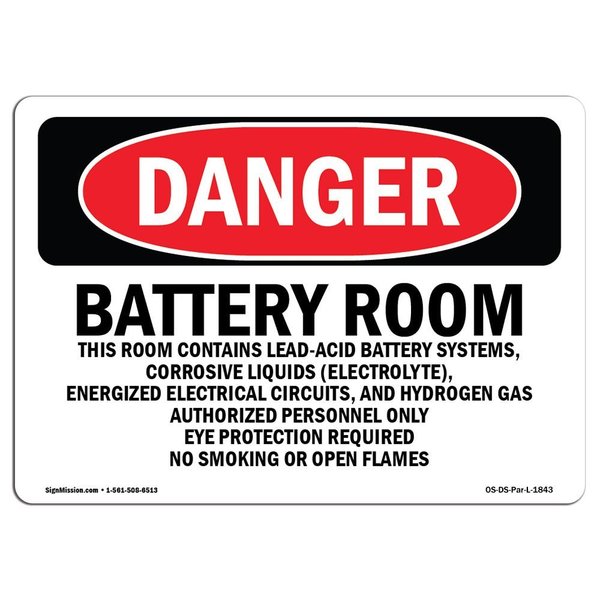 Signmission Safety Sign, OSHA Danger, 7" Height, 10" Width, Battery Room Authorized Personnel Only, Landscape OS-DS-D-710-L-1843